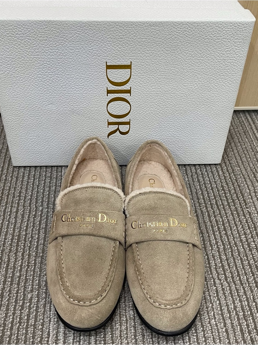 Authentic Dior Beige Suede Shearling-Lined Slip-On Loafers